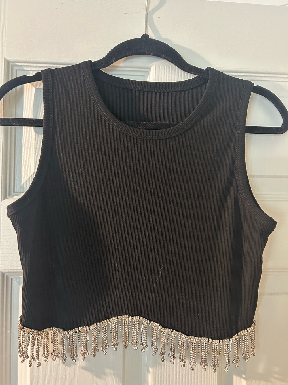 Black Crop Tank Top with Beaded Fringe